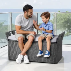 VEVOR Outdoor Storage Bench, 2-Person PE Rattan Storage Bench, 40 Gal Deck Box with Cushion & Side Handle, Supports up to 400 lbs, Weatherproof Outdoor Seating & Porch Decor for Patio Garden Balcony