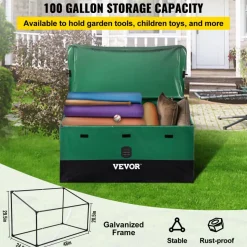 VEVOR Outdoor Storage Box, 100 Gallon Waterproof PE Tarpaulin Deck Box with Galvanized Frame, All-Weather Protection & Portable, for Camping, Garden, Poolside, and Yard, Brown & Blue