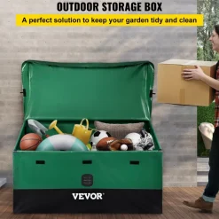 VEVOR Outdoor Storage Box, 100 Gallon Waterproof PE Tarpaulin Deck Box with Galvanized Frame, All-Weather Protection & Portable, for Camping, Garden, Poolside, and Yard, Brown & Blue