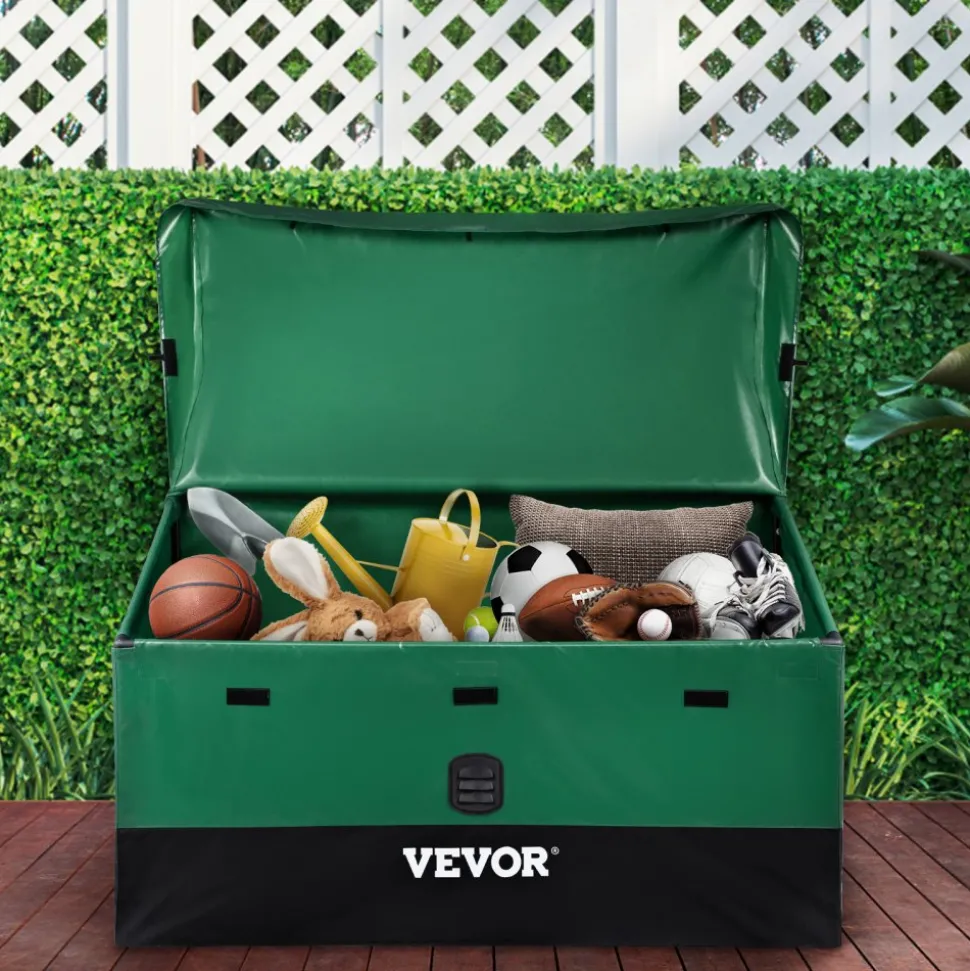 VEVOR Outdoor Storage Box, 100 Gallon Waterproof PE Tarpaulin Deck Box with Galvanized Frame, All-Weather Protection & Portable, for Camping, Garden, Poolside, and Yard, Brown & Blue