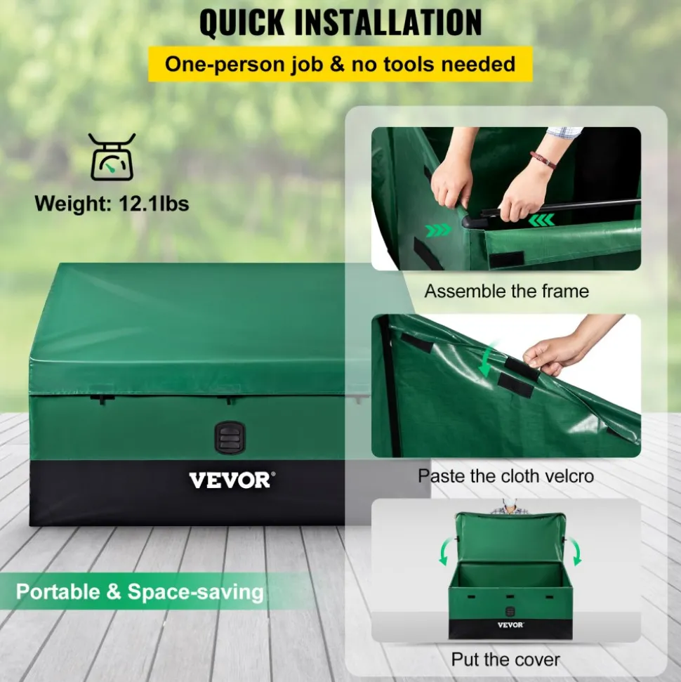 VEVOR Outdoor Storage Box, 100 Gallon Waterproof PE Tarpaulin Deck Box with Galvanized Frame, All-Weather Protection & Portable, for Camping, Garden, Poolside, and Yard, Brown & Blue