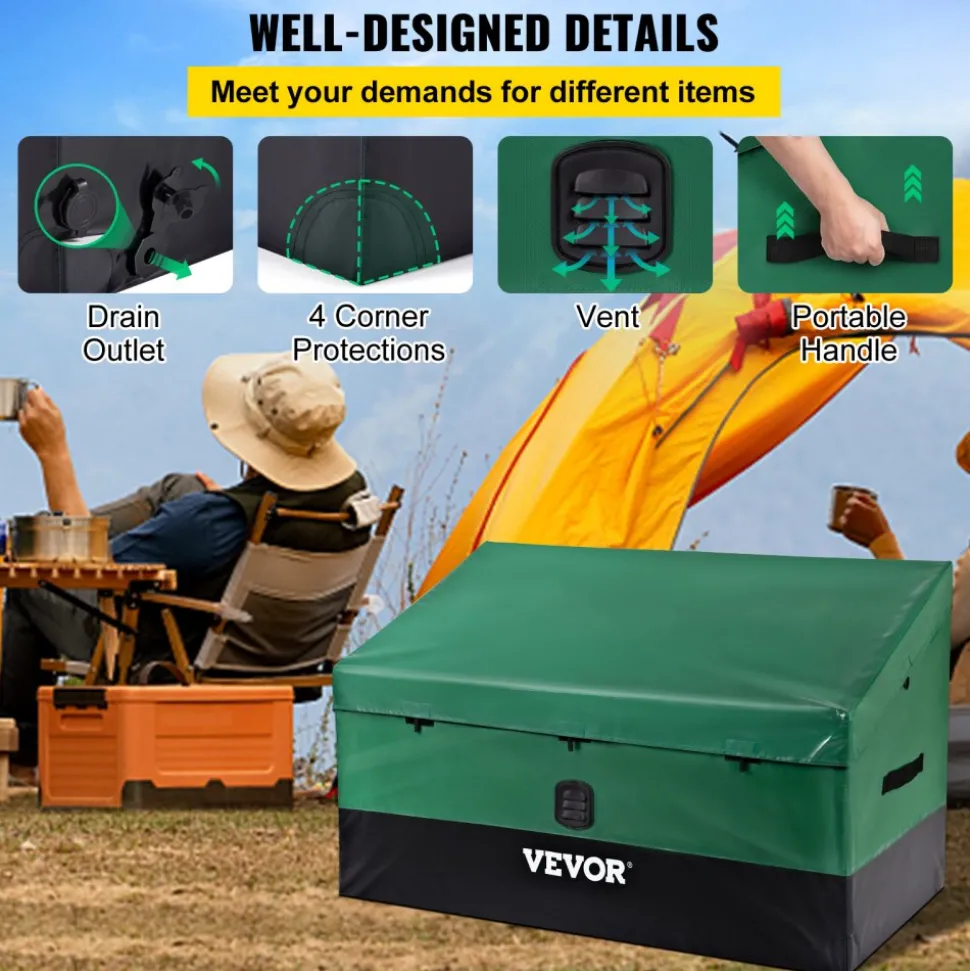 VEVOR Outdoor Storage Box, 100 Gallon Waterproof PE Tarpaulin Deck Box with Galvanized Frame, All-Weather Protection & Portable, for Camping, Garden, Poolside, and Yard, Brown & Blue