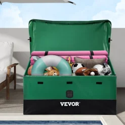 VEVOR Outdoor Storage Box, 100 Gallon Waterproof PE Tarpaulin Deck Box with Galvanized Frame, All-Weather Protection & Portable, for Camping, Garden, Poolside, and Yard, Brown & Blue