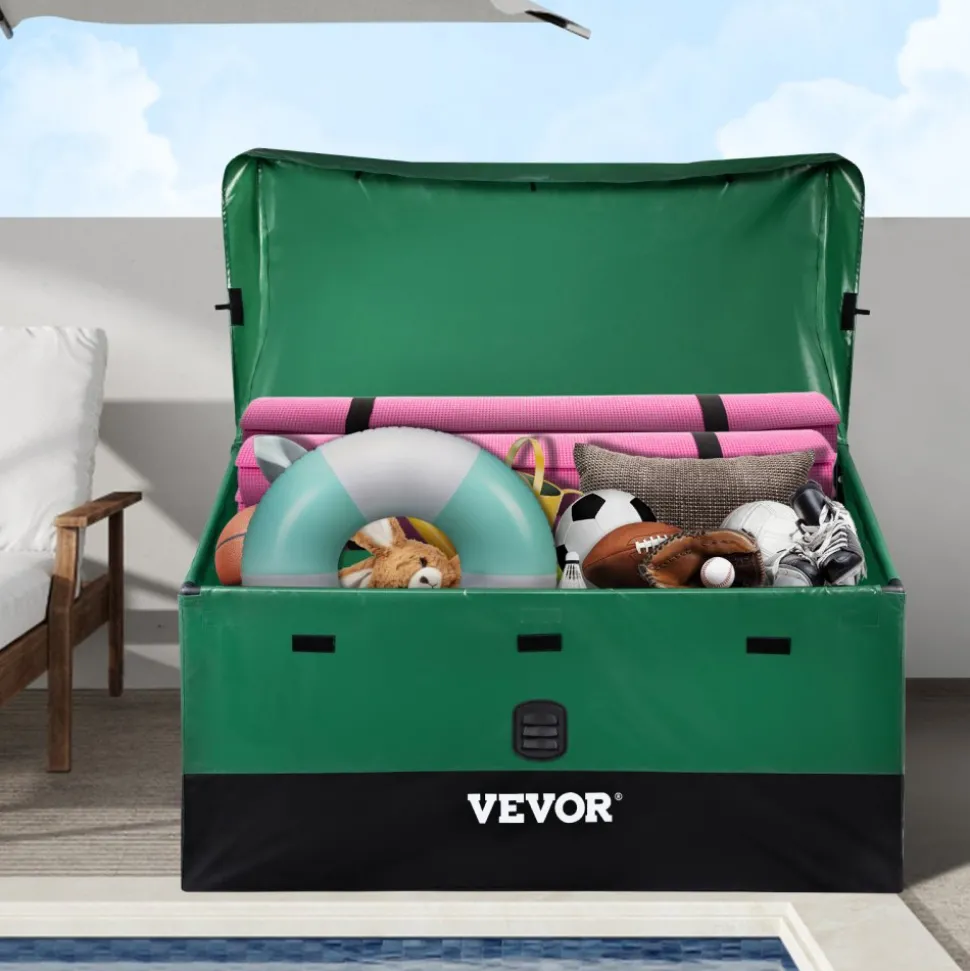 VEVOR Outdoor Storage Box, 100 Gallon Waterproof PE Tarpaulin Deck Box with Galvanized Frame, All-Weather Protection & Portable, for Camping, Garden, Poolside, and Yard, Brown & Blue