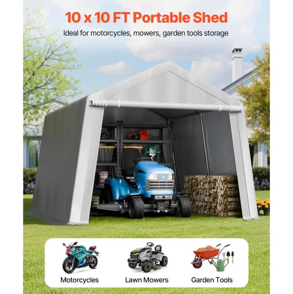 VEVOR Outdoor Storage Shed, 10 x 10 ft Portable Storage Tent with Roll-up Door, Waterproof Canopy Shed Shelter, Heavy Duty Frame, Patio Garage Carport for Motorcycle, Lawn Mower, Bike, Grey