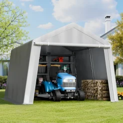VEVOR Outdoor Storage Shed, 10 x 10 ft Portable Storage Tent with Roll-up Door, Waterproof Canopy Shed Shelter, Heavy Duty Frame, Patio Garage Carport for Motorcycle, Lawn Mower, Bike, Grey