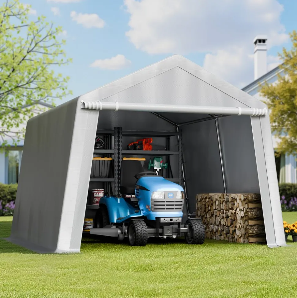 VEVOR Outdoor Storage Shed, 10 x 10 ft Portable Storage Tent with Roll-up Door, Waterproof Canopy Shed Shelter, Heavy Duty Frame, Patio Garage Carport for Motorcycle, Lawn Mower, Bike, Grey
