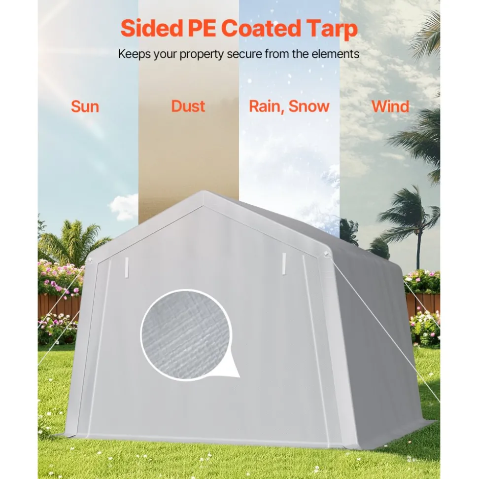 VEVOR Outdoor Storage Shed, 10 x 10 ft Portable Storage Tent with Roll-up Door, Waterproof Canopy Shed Shelter, Heavy Duty Frame, Patio Garage Carport for Motorcycle, Lawn Mower, Bike, Grey