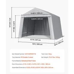 VEVOR Outdoor Storage Shed, 10 x 10 ft Portable Storage Tent with Roll-up Door, Waterproof Canopy Shed Shelter, Heavy Duty Frame, Patio Garage Carport for Motorcycle, Lawn Mower, Bike, Grey