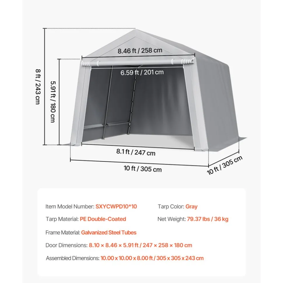 VEVOR Outdoor Storage Shed, 10 x 10 ft Portable Storage Tent with Roll-up Door, Waterproof Canopy Shed Shelter, Heavy Duty Frame, Patio Garage Carport for Motorcycle, Lawn Mower, Bike, Grey