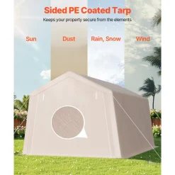 VEVOR Outdoor Storage Shed, 10 x 15 ft Portable Storage Tent with Roll-up Door, Waterproof Canopy Shed Shelter, Heavy Duty Frame, Patio Garage Carport for Motorcycle, Lawn Mower, Bike, Beige