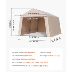 VEVOR Outdoor Storage Shed, 10 x 15 ft Portable Storage Tent with Roll-up Door, Waterproof Canopy Shed Shelter, Heavy Duty Frame, Patio Garage Carport for Motorcycle, Lawn Mower, Bike, Beige