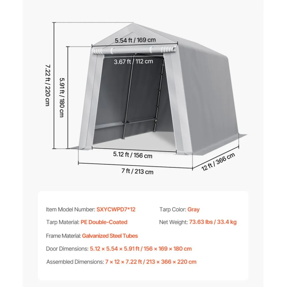 VEVOR Outdoor Storage Shed, 7 x 12 ft Portable Storage Tent with Roll-up Door, Waterproof Canopy Shed Shelter, Heavy Duty Frame, Patio Garage Carport for Motorcycle, Lawn Mower, Bike, Grey