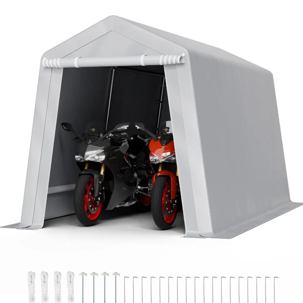 VEVOR Outdoor Storage Shed, 7 x 12 ft Portable Storage Tent with Roll-up Door, Waterproof Canopy Shed Shelter, Heavy Duty Frame, Patio Garage Carport for Motorcycle, Lawn Mower, Bike, Grey