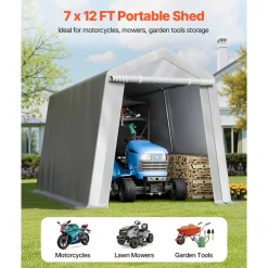 VEVOR Outdoor Storage Shed, 7 x 12 ft Portable Storage Tent with Roll-up Door, Waterproof Canopy Shed Shelter, Heavy Duty Frame, Patio Garage Carport for Motorcycle, Lawn Mower, Bike, Grey