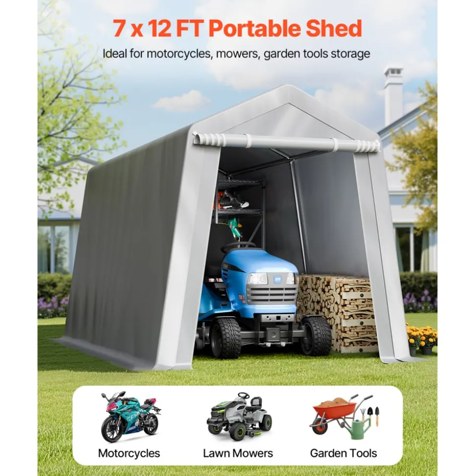 VEVOR Outdoor Storage Shed, 7 x 12 ft Portable Storage Tent with Roll-up Door, Waterproof Canopy Shed Shelter, Heavy Duty Frame, Patio Garage Carport for Motorcycle, Lawn Mower, Bike, Grey