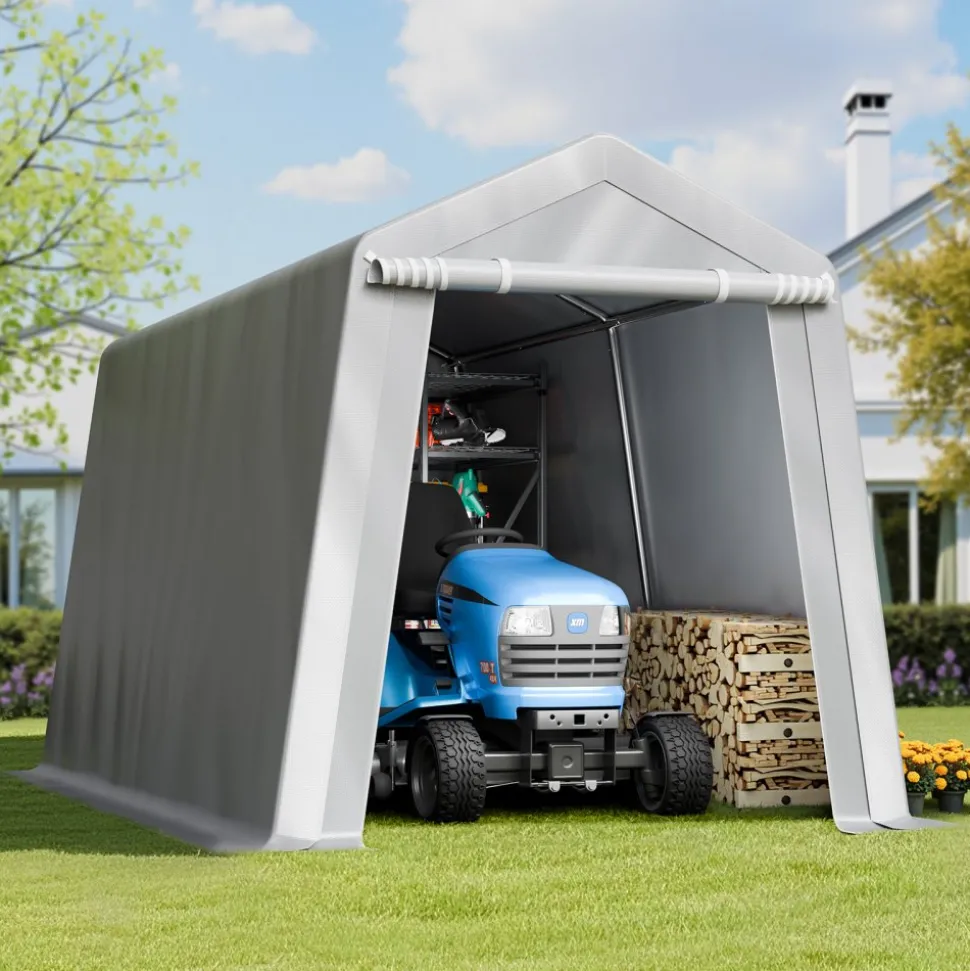 VEVOR Outdoor Storage Shed, 7 x 12 ft Portable Storage Tent with Roll-up Door, Waterproof Canopy Shed Shelter, Heavy Duty Frame, Patio Garage Carport for Motorcycle, Lawn Mower, Bike, Grey