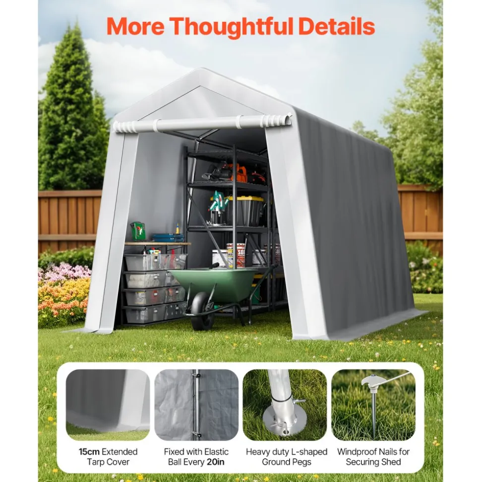 VEVOR Outdoor Storage Shed, 7 x 12 ft Portable Storage Tent with Roll-up Door, Waterproof Canopy Shed Shelter, Heavy Duty Frame, Patio Garage Carport for Motorcycle, Lawn Mower, Bike, Grey