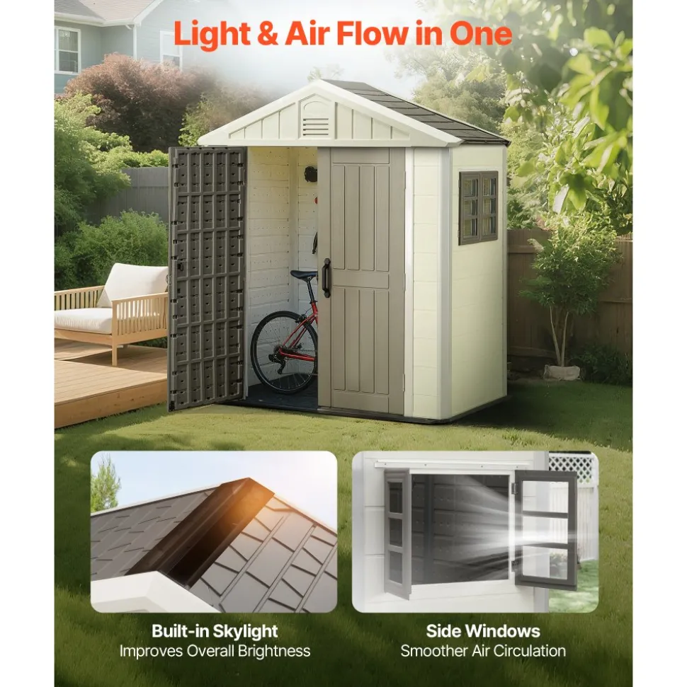 VEVOR Outdoor Storage Shed, 4x8 Ft, Heavy-Duty Resin Tool Shed, with Reinforced Floor, Skylight, Lockable Door, Weather Resistant, 152 Cu. Ft. for Garden Tools, Lawn Mower, Bike, Backyard, Patio, Grey