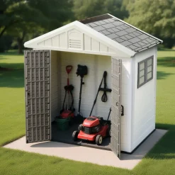 VEVOR Outdoor Storage Shed, 4x8 Ft, Heavy-Duty Resin Tool Shed, with Reinforced Floor, Skylight, Lockable Door, Weather Resistant, 152 Cu. Ft. for Garden Tools, Lawn Mower, Bike, Backyard, Patio, Grey