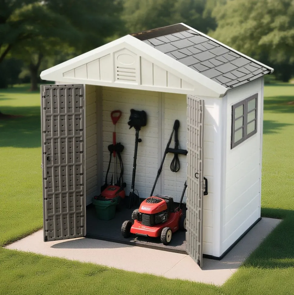 VEVOR Outdoor Storage Shed, 4x8 Ft, Heavy-Duty Resin Tool Shed, with Reinforced Floor, Skylight, Lockable Door, Weather Resistant, 152 Cu. Ft. for Garden Tools, Lawn Mower, Bike, Backyard, Patio, Grey