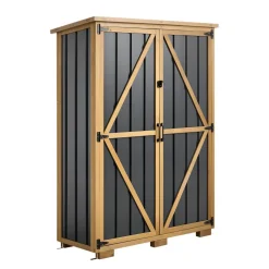 VEVOR Outdoor Storage Shed, 46.06" x 62.99" Wood & Metal Garden Tool Shed with Lockable Doors & Sloped Roof, Waterproof Outside Storage Cabinet with Shelves/Floor for Backyard Patio Lawn, Black/Brown