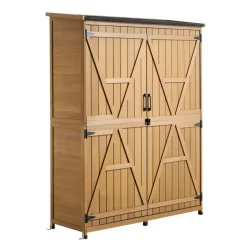 VEVOR Outdoor Storage Shed, 33.86" x 37.4" Wood & Metal Garden Tool Shed with Lockable Doors & Sloped Roof, Waterproof Outside Storage Cabinet with Shelf & Floor for Backyard Patio Lawn, Black/Brown