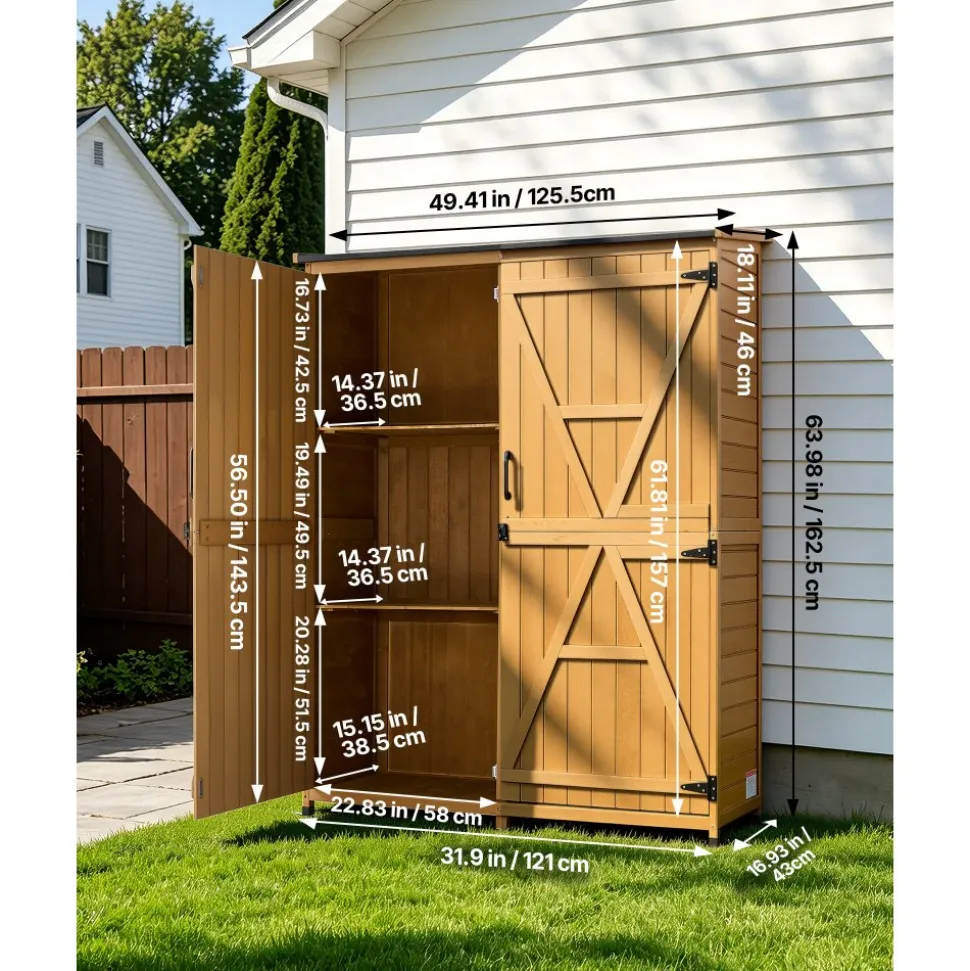 VEVOR Outdoor Storage Shed, 49.41" x 63.98" Wood Garden Tool Shed with Lockable Doors & Sloped Roof, Waterproof Outside Storage Cabinet with Shelves & Floor Included for Backyard Patio Lawn, Brown