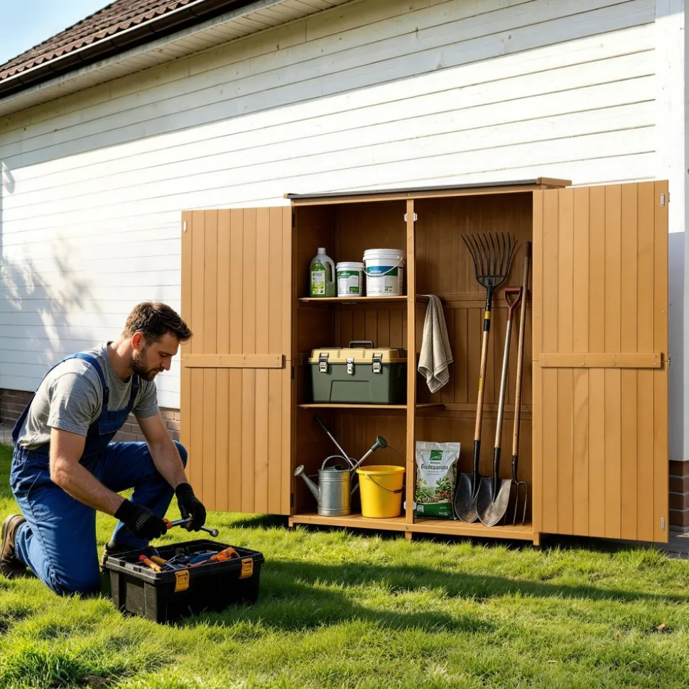 VEVOR Outdoor Storage Shed, 49.41" x 63.98" Wood Garden Tool Shed with Lockable Doors & Sloped Roof, Waterproof Outside Storage Cabinet with Shelves & Floor Included for Backyard Patio Lawn, Brown