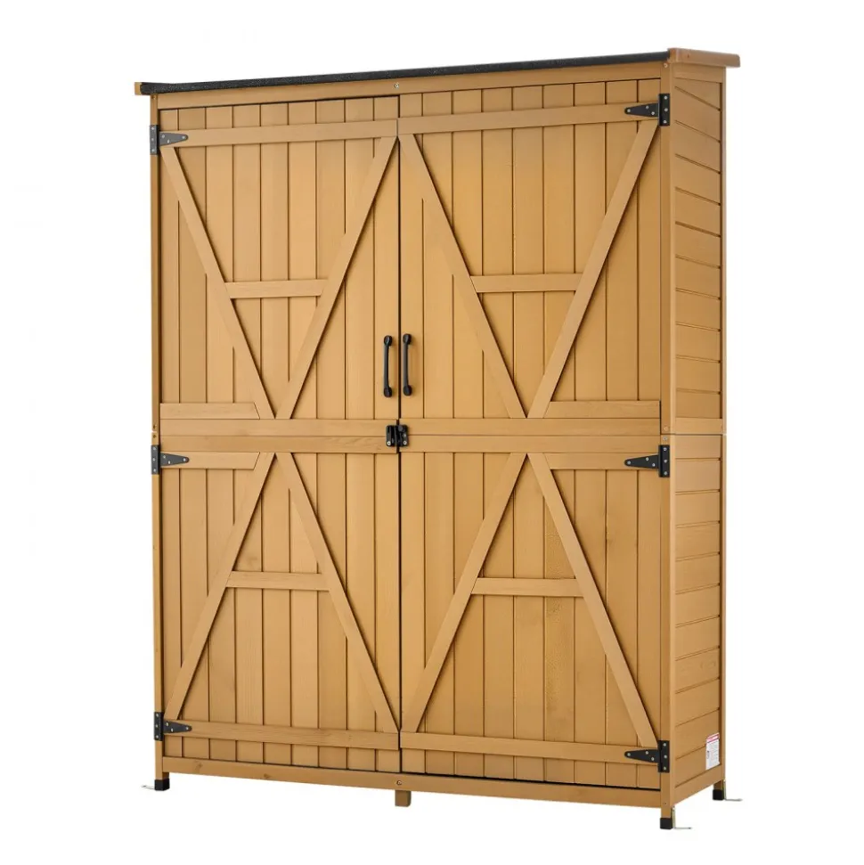 VEVOR Outdoor Storage Shed, 49.41" x 63.98" Wood Garden Tool Shed with Lockable Doors & Sloped Roof, Waterproof Outside Storage Cabinet with Shelves & Floor Included for Backyard Patio Lawn, Brown