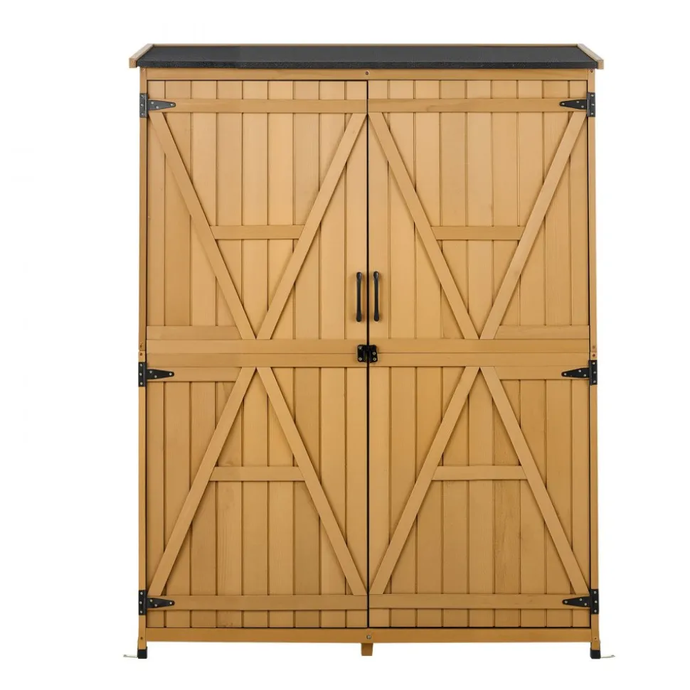 VEVOR Outdoor Storage Shed, 49.41" x 63.98" Wood Garden Tool Shed with Lockable Doors & Sloped Roof, Waterproof Outside Storage Cabinet with Shelves & Floor Included for Backyard Patio Lawn, Brown