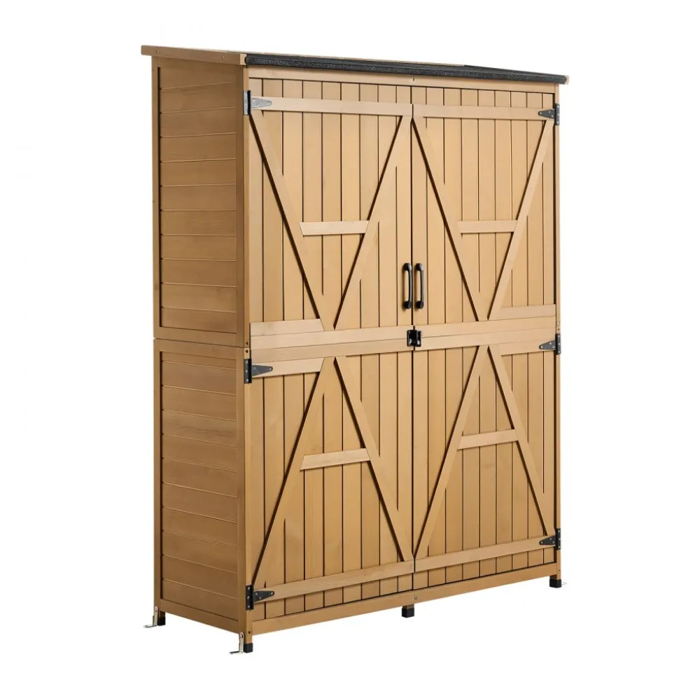 VEVOR Outdoor Storage Shed, 49.41" x 63.98" Wood Garden Tool Shed with Lockable Doors & Sloped Roof, Waterproof Outside Storage Cabinet with Shelves & Floor Included for Backyard Patio Lawn, Brown