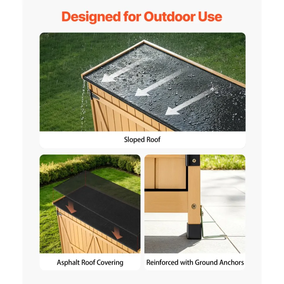 VEVOR Outdoor Storage Shed, 49.41" x 63.98" Wood Garden Tool Shed with Lockable Doors & Sloped Roof, Waterproof Outside Storage Cabinet with Shelves & Floor Included for Backyard Patio Lawn, Brown