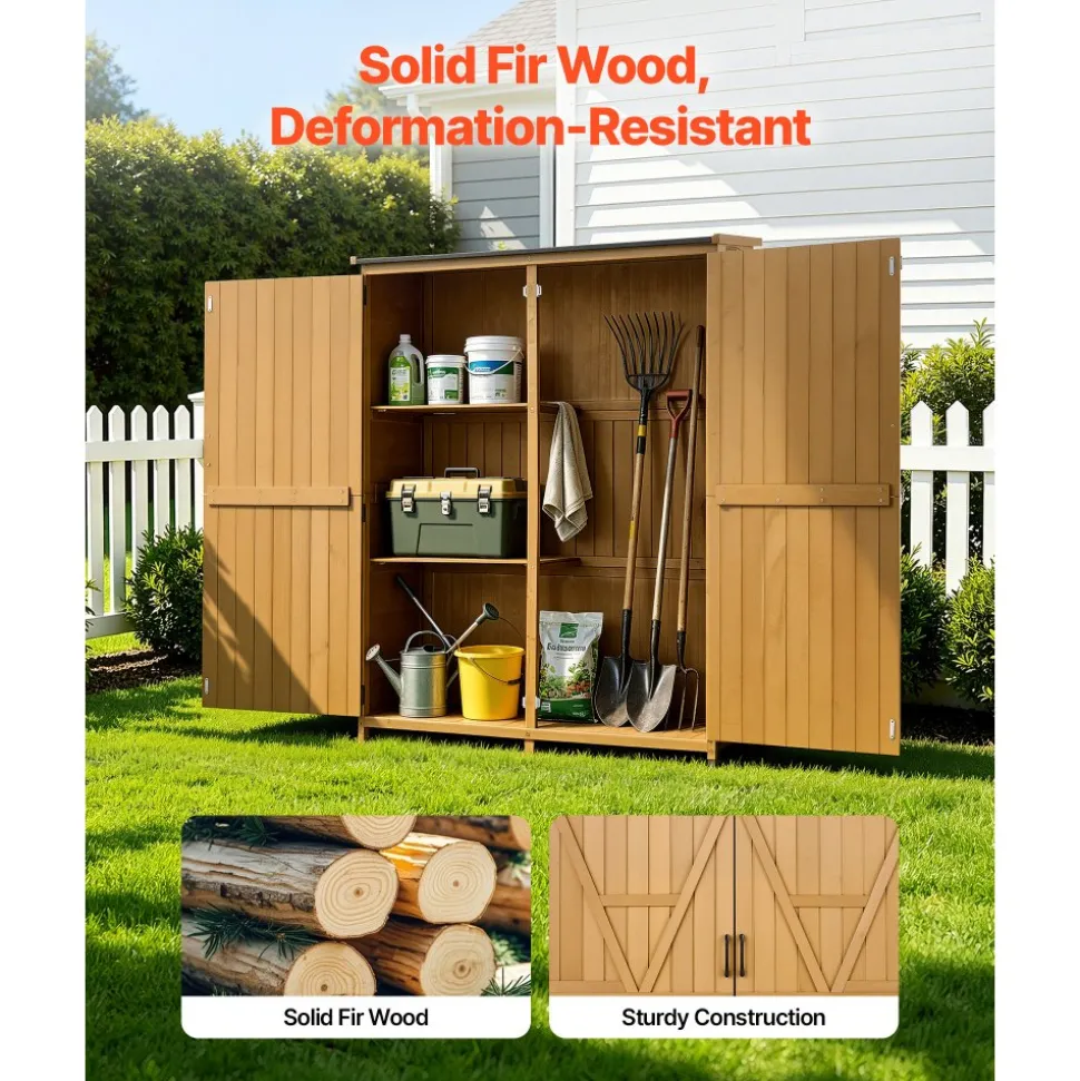 VEVOR Outdoor Storage Shed, 49.41" x 63.98" Wood Garden Tool Shed with Lockable Doors & Sloped Roof, Waterproof Outside Storage Cabinet with Shelves & Floor Included for Backyard Patio Lawn, Brown