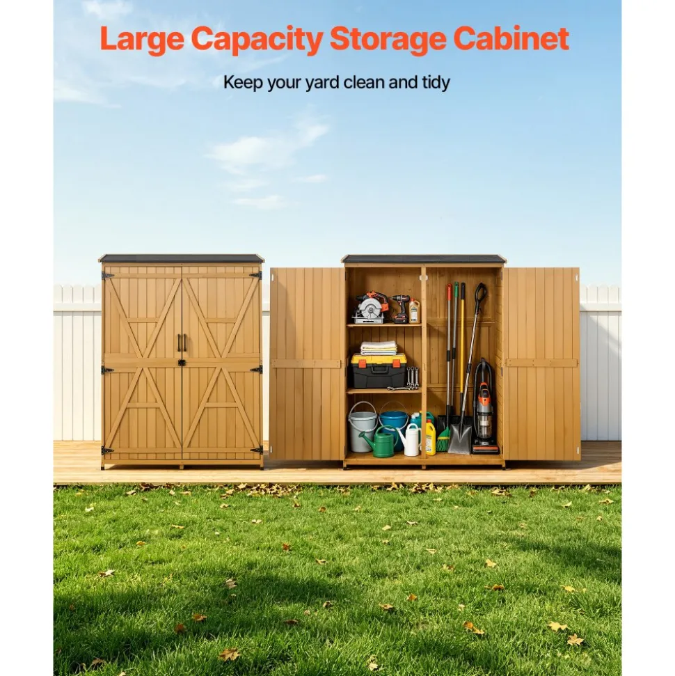 VEVOR Outdoor Storage Shed, 49.41" x 63.98" Wood Garden Tool Shed with Lockable Doors & Sloped Roof, Waterproof Outside Storage Cabinet with Shelves & Floor Included for Backyard Patio Lawn, Brown