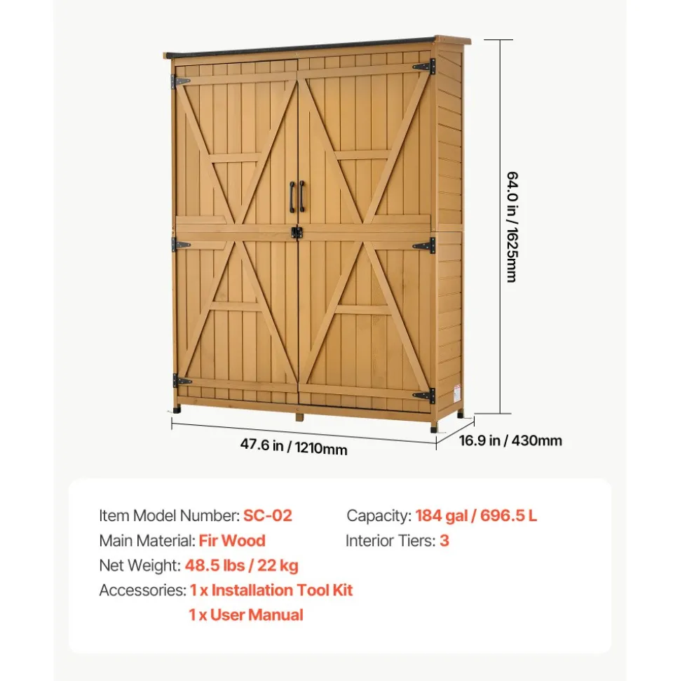 VEVOR Outdoor Storage Shed, 49.41" x 63.98" Wood Garden Tool Shed with Lockable Doors & Sloped Roof, Waterproof Outside Storage Cabinet with Shelves & Floor Included for Backyard Patio Lawn, Brown
