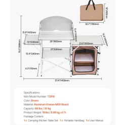 VEVOR Outdoor 2-Tier Kitchen with Zippered Bag, Portable Folding Cook Table for BBQ, Party and Camping, Brown