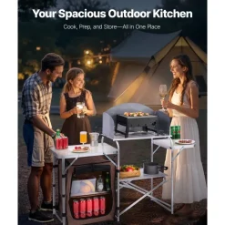 VEVOR Outdoor 2-Tier Kitchen with Zippered Bag, Portable Folding Cook Table for BBQ, Party and Camping, Brown