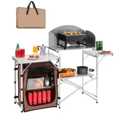 VEVOR Outdoor 2-Tier Kitchen with Zippered Bag, Portable Folding Cook Table for BBQ, Party and Camping, Brown