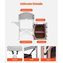 VEVOR Outdoor 2-Tier Kitchen with Zippered Bag, Portable Folding Cook Table for BBQ, Party and Camping, Brown
