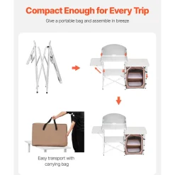 VEVOR Outdoor 2-Tier Kitchen with Zippered Bag, Portable Folding Cook Table for BBQ, Party and Camping, Brown