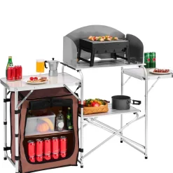VEVOR Outdoor 2-Tier Kitchen with Zippered Bag, Portable Folding Cook Table for BBQ, Party and Camping, Brown