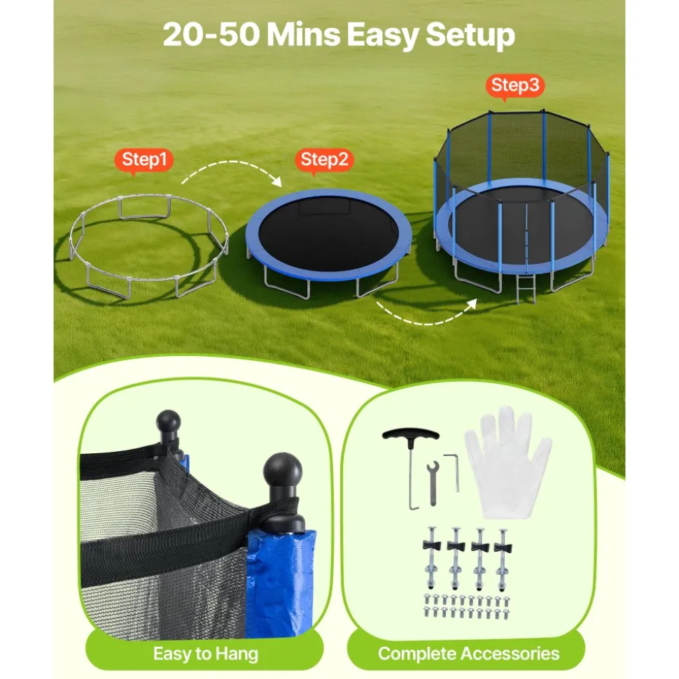 VEVOR Outdoor Trampoline, 15FT Round Recreational Trampoline with Enclosure Net, ASTM Approved, Heavy Duty Trampolines, Max 470 lbs Weight Capacity, Anti-Rust Backyard Trampolines for Kids & Adults