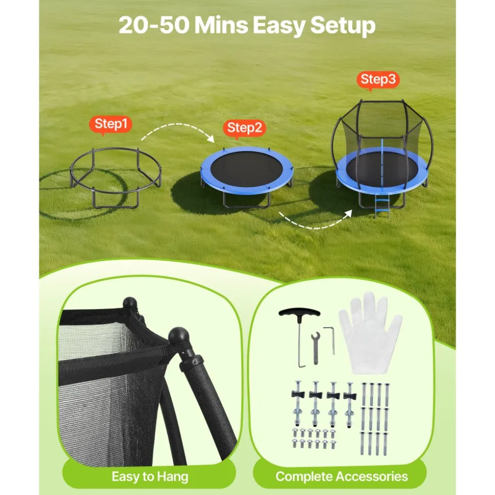 VEVOR Outdoor Trampoline, 8FT Recreational Trampoline, ASTM Approved Trampolines with Enclosure Net & Thickened Pad, Max 265 lbs Weight Capacity, Anti-Rust Backyard Trampolines for Kids & Adults