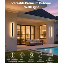 VEVOR Outdoor Wall Light, 23.6 Inch, Long Strip Modern Exterior Wall Sconce Light Fixtures, 3000K Warm White, IP65 Waterproof, Anti-Rust Outside Patio Wall Mount Lighting, for House, Porch, Garage