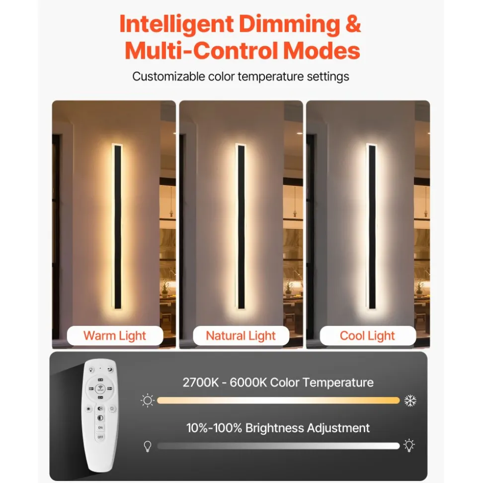 VEVOR Outdoor Wall Lights, 2 Pack, 39.4 Inch Long Strip Modern Exterior Wall Sconce Light Fixtures, 2700K-6000K, IP65 Waterproof Anti-Rust, Dimmable Outside Wall Mount Lighting, for House Porch Garage