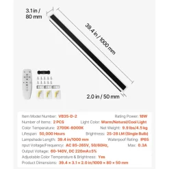 VEVOR Outdoor Wall Lights, 2 Pack, 39.4 Inch Long Strip Modern Exterior Wall Sconce Light Fixtures, 2700K-6000K, IP65 Waterproof Anti-Rust, Dimmable Outside Wall Mount Lighting, for House Porch Garage