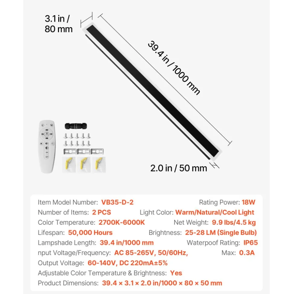 VEVOR Outdoor Wall Lights, 2 Pack, 39.4 Inch Long Strip Modern Exterior Wall Sconce Light Fixtures, 2700K-6000K, IP65 Waterproof Anti-Rust, Dimmable Outside Wall Mount Lighting, for House Porch Garage