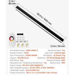 VEVOR Outdoor Wall Lights, 2 Pack, 39.4 Inch Long RGB Modern Exterior Wall Sconce Light Fixtures, 2700K-6000K, IP65 Waterproof Anti-Rust, Dimmable Outside Wall Mount Lighting, for House Porch Garage