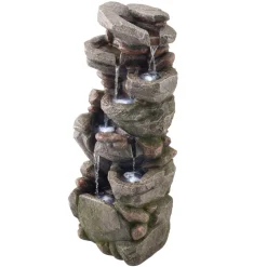 VEVOR Outdoor Water Fountain, 38.98 in Height Fountain and Waterfall, 7-Tier Floor Standing Rock-Shaped Cascading Fountains with LED Light and Pump, for Outdoor Indoor Garden, Home, Patio & Backyard
